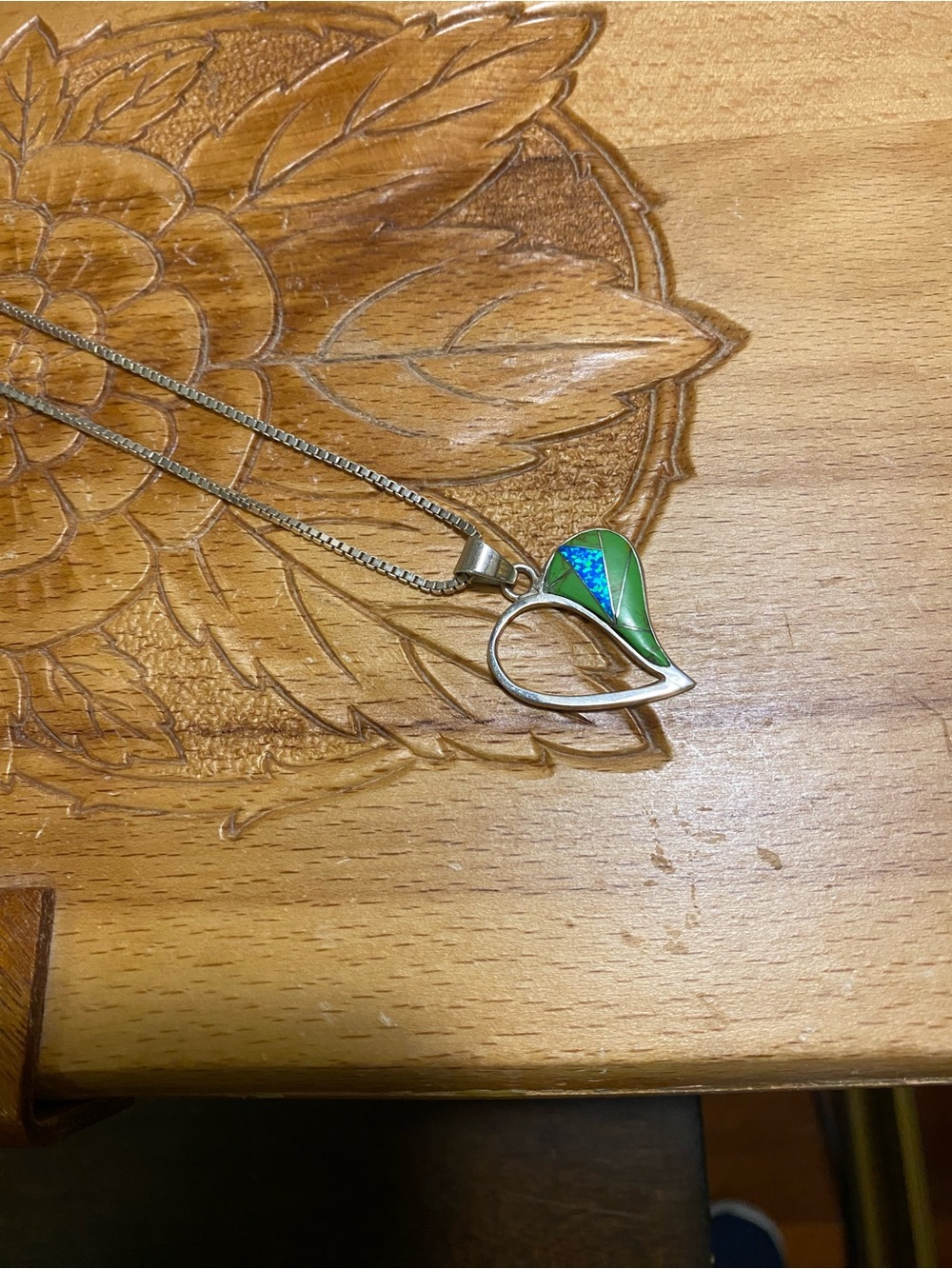 Sterling Heart Pendant Necklace with Green Turquoise and Blue Opal Inlay